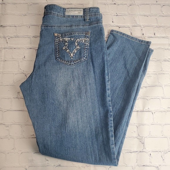 Rich Cow Jeans Plus‎ Size 18 Straight Leg Embroidered Studded Medium Wash - Picture 1 of 8